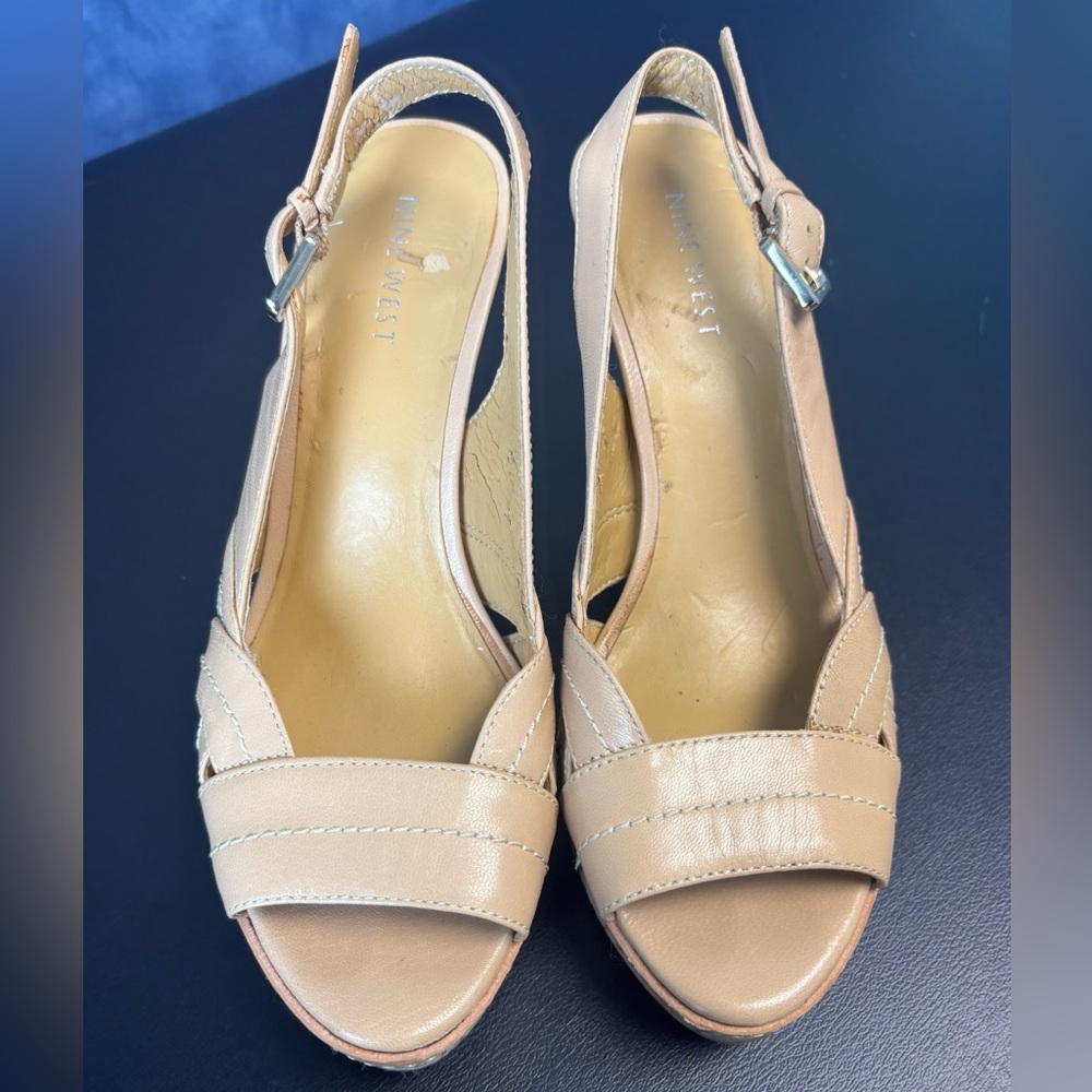 Nine West Beige Cork Accent Platform Slingback Heels Size 5.5